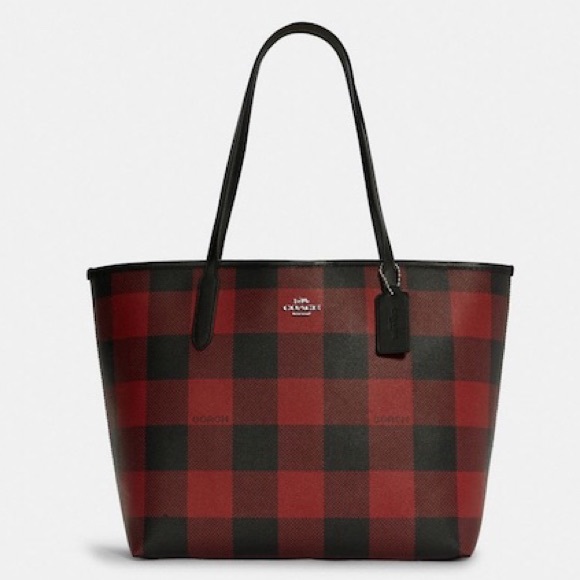 New💃Coach City Tote Handbag With Buffalo Plaid Print - Picture 8 of 12